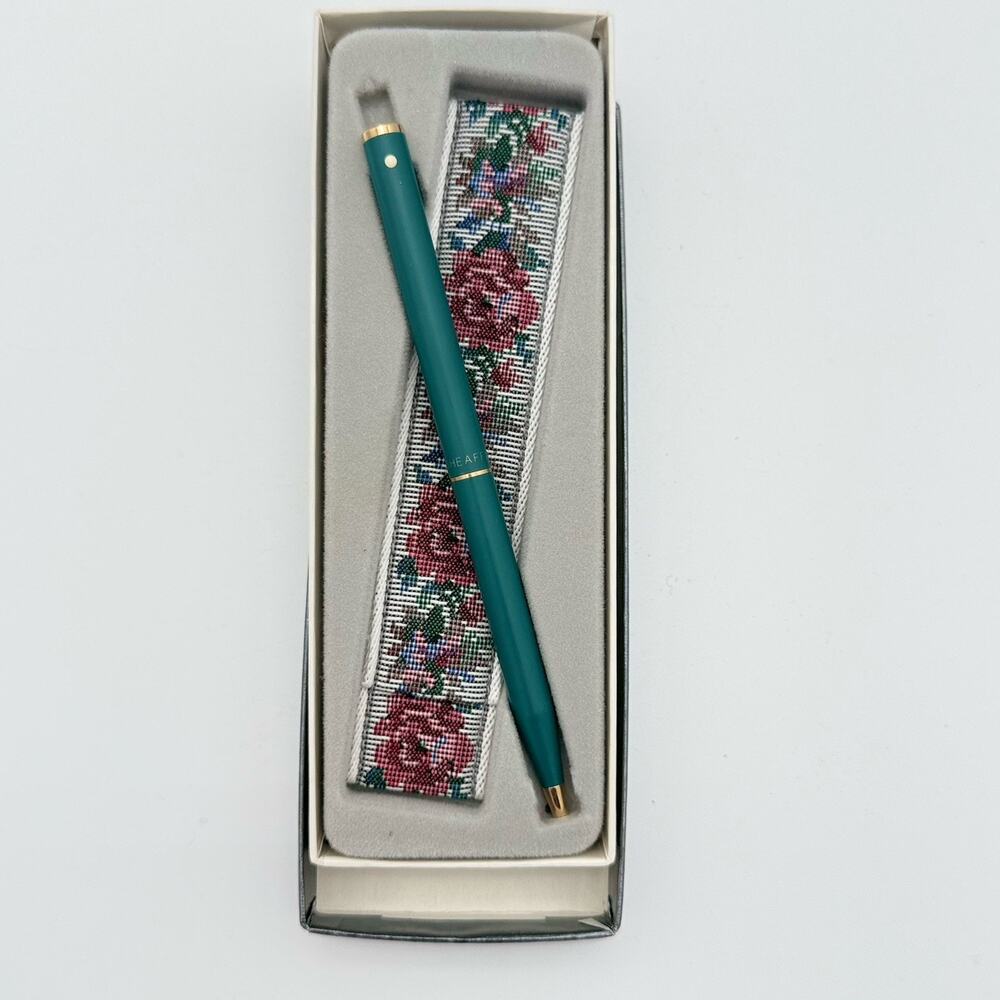 Vintage Sheaffer White Dot Teal Blue Ballpoint Pen Set Rose Tapestry Case NOS